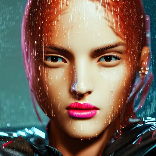 Image similar to stylish woman cartoon portrait made out of rain, leather jacket, cyberpunk background, rendered in octane, unreal engine, highly detailed, trending on artstation, realistic, neon, beautiful