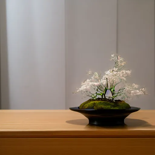 Prompt: a photo of 8k Ikebana, ikenobo, ohararyu, sougetsu, wide angle, sony a7r3, ultra detail, photorealistic, in simple background