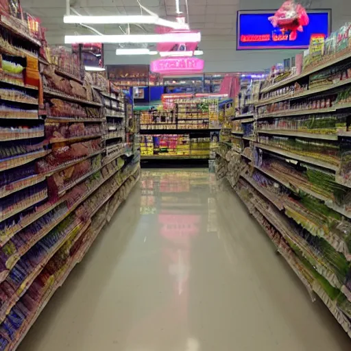 Image similar to photo of a grocery store interior, the aisles is flooded with two meters deep water. eerie, volumetric lighting.