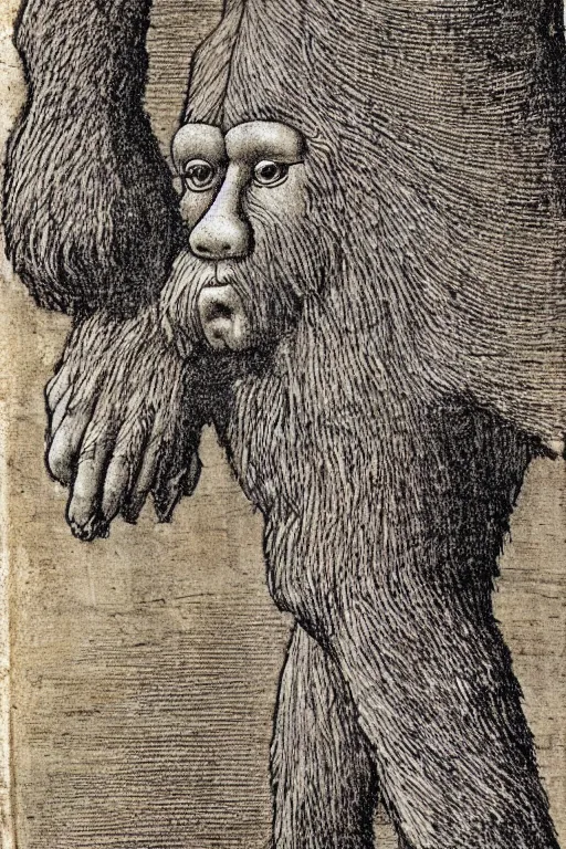 Image similar to detailed illustration, bigfoot in the style of leonardo da vinci,