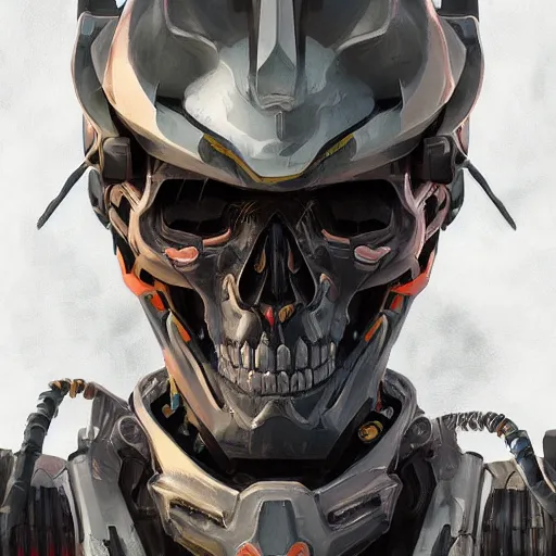 Image similar to full face portrait of a mecha skull ronin, 8k, hyperdetailed, digital painting, futuristic, trending on CG society