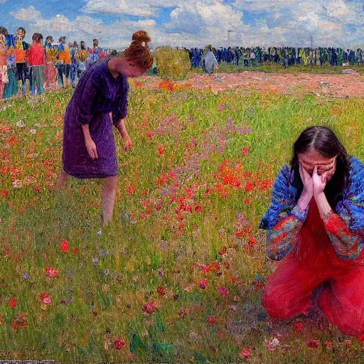 Prompt: Devastated Greta Thunberg crying onto the last plant on earth, impressionism, bright vivid colors, by Greg Rutkowksi and Ilya Repin