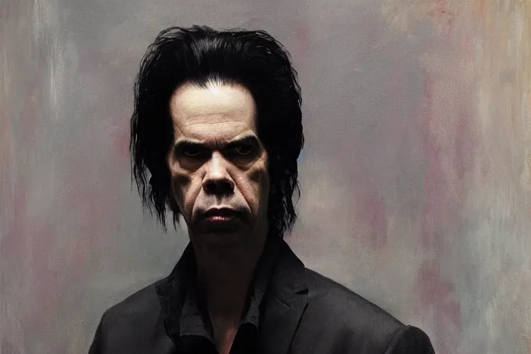 Prompt: a portrait of nick cave, masterpiece, dramatic lighting, stunning painting by ruan jia and caravaggio