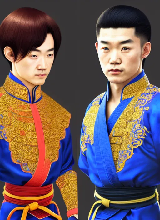 Prompt: male martial artist!! manchu chinese hairstyle!!!! asian facial features and blue eyes!! intricate ornate blue robes!! character concept art, sharp focus, octane render! unreal engine 5! highly rendered!! trending on artstation!! detailed linework!! illustration by artgerm, wlop, and chie yoshii