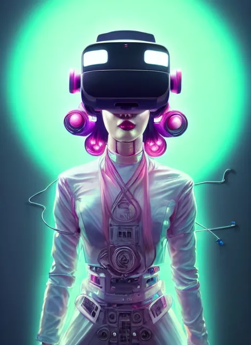 Image similar to wide angle portrait shot of female japanese android wearing a vr headgear and in an elaborate kimono dress, hologram hovering around her, intricate detail, cyber neon lighting, highly detailed, artstation, glamor pose, concept art, art by peter mohrbacher and artgerm and james jean, pinterest, artstation,