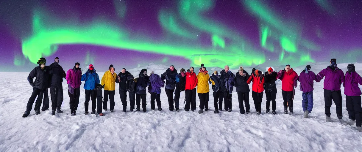 Image similar to a creepy backlit hyper detailed photo realistic vivid close up photograph of a group of six complete people in the snow at night aurora borealis in antarctica running through mcmurdo station base screaming oh my god