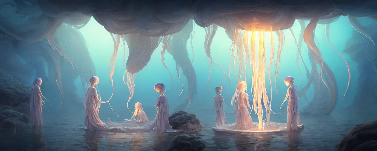 Prompt: A painting of priestesses worshipping at the jellyfish temple, shrouded in mist, jellyfish god, 8K, illustration, art by Stéphane Roux and artgerm and Makoto Shinkai and Mohiro Kitoh, smoke, cinematic, insanely detailed and intricate, hypermaximalist, elegant, super detailed, award-winning, mauve and cyan, mysterious, ancient, ritual, ethereal, trending in cgsociety, artstation HQ, ornate, elite, haunting, matte painting