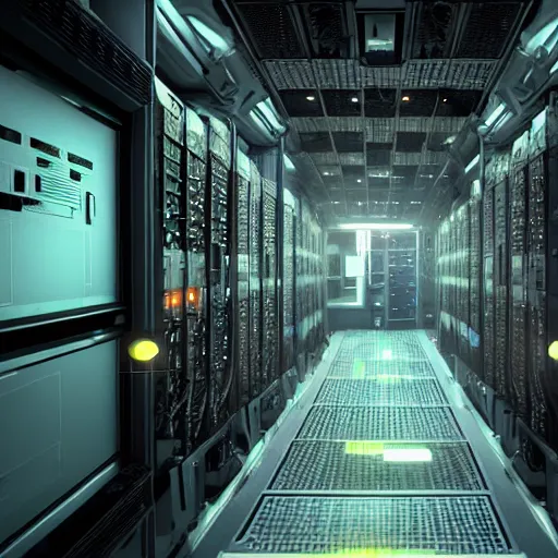 Image similar to high detailed industreal cyborg working in sci - fi server room. cinematic shot from alien isolation