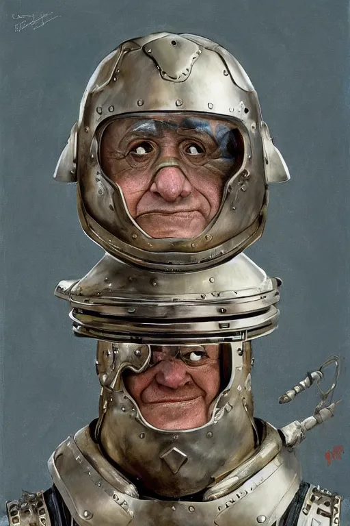 Image similar to portrait of danny devito in futuristic metal armour by norman rockwell and mandy jurgens and john singer sargent