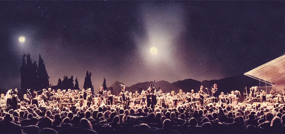 Image similar to a very high resolution image from a new movie. a beautiful concert during the night. photorealistic, photography, directed by stanley kubrick