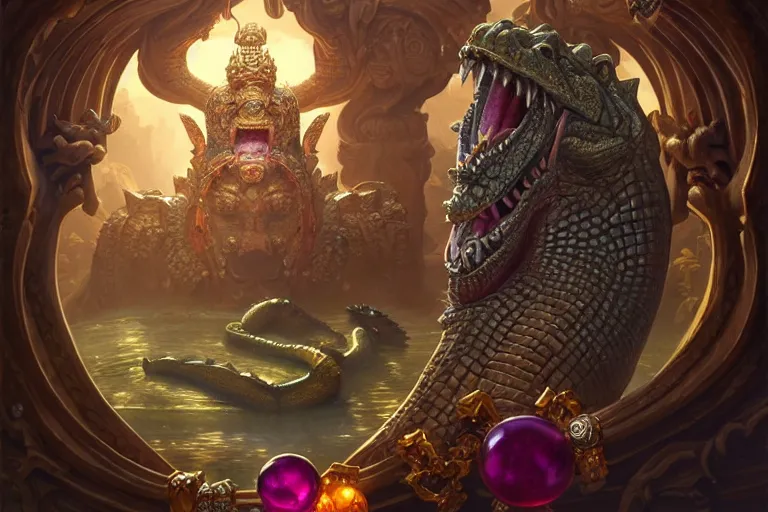 Image similar to crocodile god temple adorned with gemstones and treasures, deep focus, d & d, fantasy, intricate, elegant, highly detailed, digital painting, artstation, concept art, matte, sharp focus, illustration, hearthstone, art by artgerm and greg rutkowski and alphonse mucha