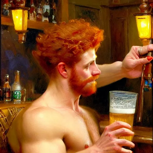 Image similar to attractive mike, wearing pants, with ginger hair with attractive tyler with brunet hair, drinking their hearts out, in a pub, no shirt. very defined and highly detailed painting by gaston bussiere, j. c. leyendecker, craig mullins 8 k