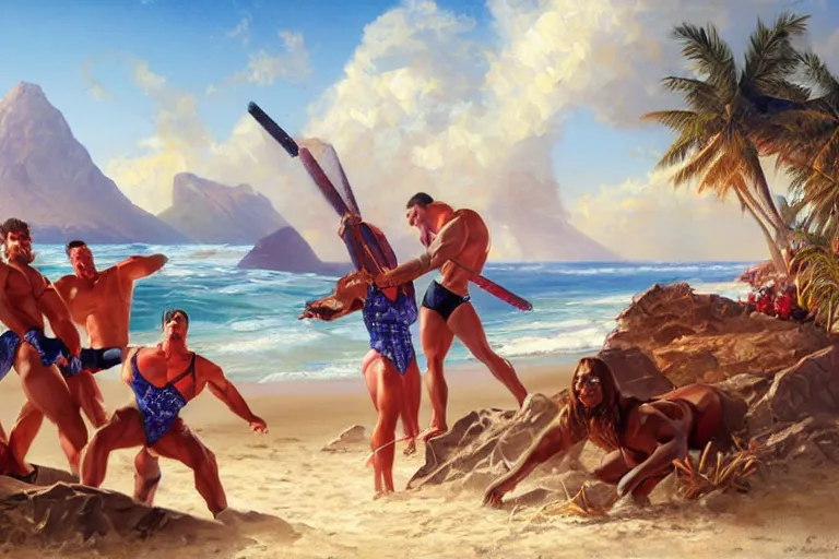 Image similar to portrait of american gladiators malibu and nitro on the beach, an oil painting by ross tran and thomas kincade