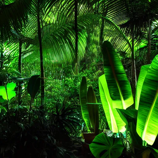 Prompt: « low luminosity jungle, luminescent plants, far view, detailed »