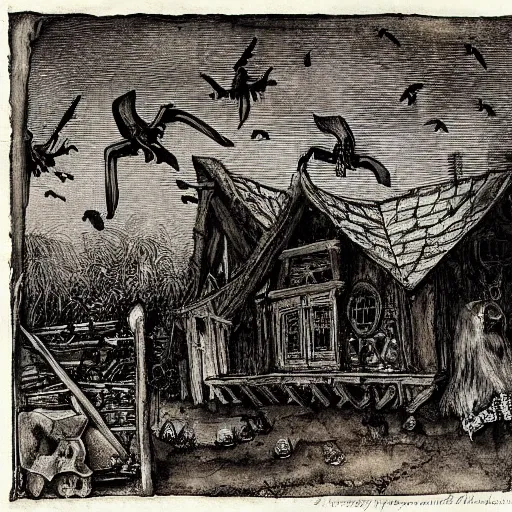 Prompt: gothic wooden hut with ravens and spiders, Ink, By Albrecht Durer