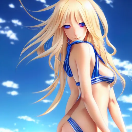 Image similar to a very beautiful young anime giantess from below, full body, long wavy blond hair, sky blue eyes, full round face, evil grin, bikini, miniskirt, front view, mid - shot, highly detailed, cinematic wallpaper by stanley artgerm lau
