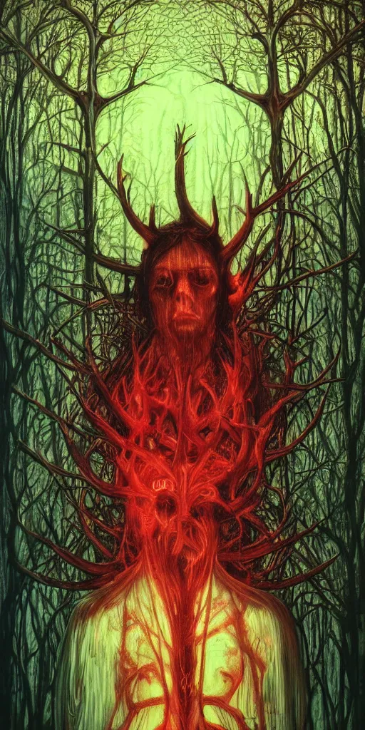 Image similar to intense glowing black metal pagan god with antlers and veins and intense glowing eyes in very dark forest by h r giger and beksinski and alphonse mucha, portrait, fantasy, clear, red and teal and yellow, light beams, lens flare, intense, uhd, amazing depth, cinematic lighting