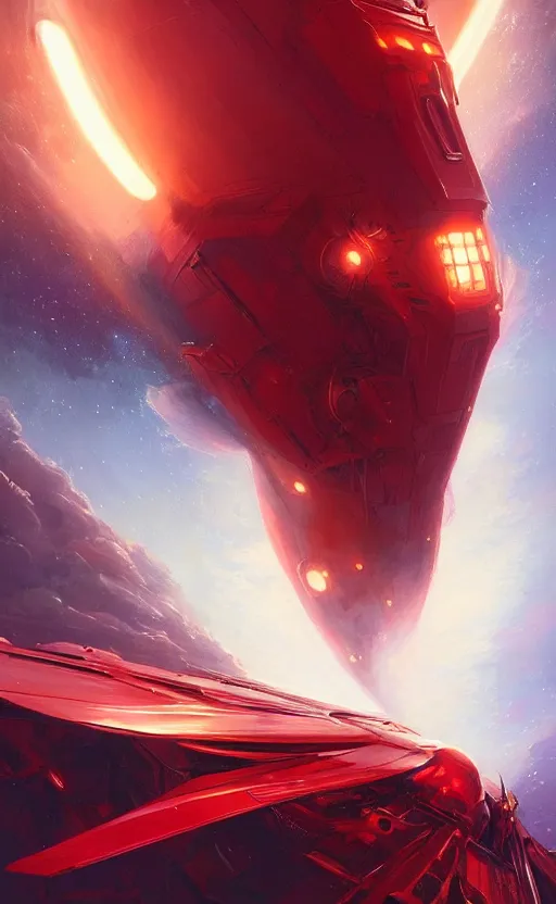 Image similar to a beautiful artwork illustration, a red metallic spaceship flying interstellar hyperdrive, by greg rutkowski and jesper ejsing and raymond swanland, featured on artstation, wide angle, vertical orientation