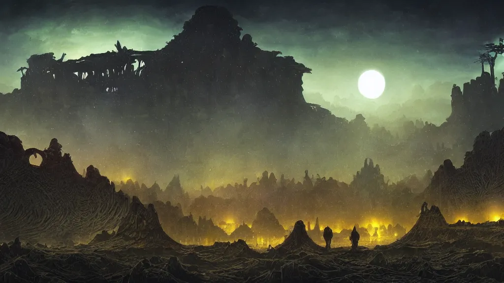 Image similar to eerie atmospheric alien planet with biomechanical plants and the ruins of civilization by les edwards and vincent di fate and anato finnstark, epic cinematic matte painting