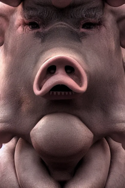 Image similar to a pig with a human face poses for a portrait, creepy, unsettling, scary, nightmare, intricate, hyper detailed, accent lighting, dramatic light, 4 k octane render