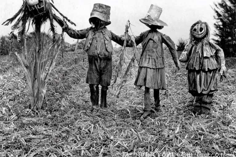 Image similar to sketchy scarecrow from the early 1 9 0 0's leading children into the cornfields