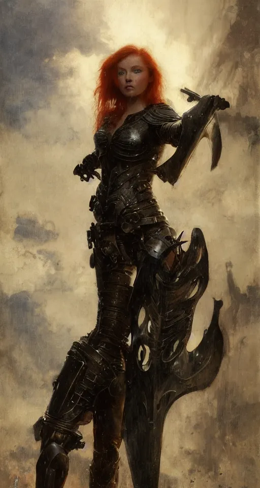 Image similar to short muscular redhead young woman wearing black medieval armour, bare legs, detailed, by gaston bussiere, bayard wu, greg rutkowski, giger, maxim verehin, greg rutkowski, masterpiece, sharp focus, cinematic lightning