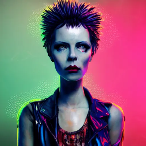 Image similar to punk women portrait made out of paint, short hair, octane render, highly detailed, realistic, tim burton and bob ross comic book art, matte painting, holographic, trending on artstation, cinematic, splashes of neon, sacred geometry in the background, 2 d