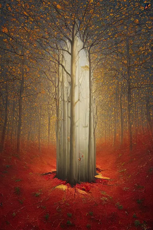 Image similar to immaculate painting of A Beautiful fine detailed gold and red and black Forest Illusion by erik johansson micro detailing