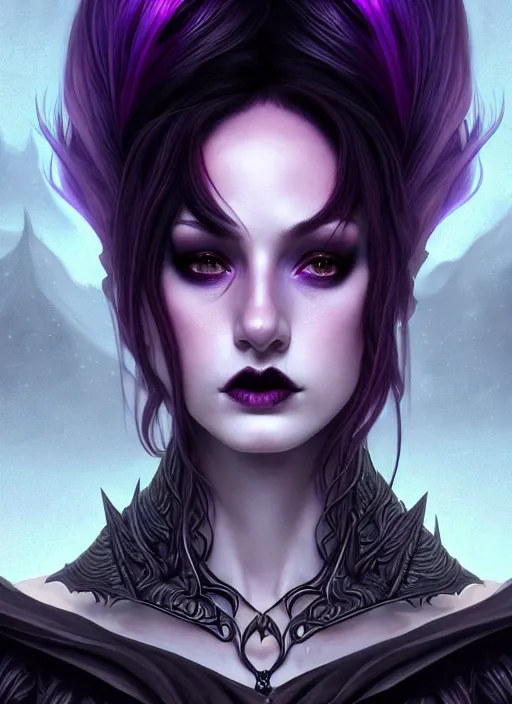 Prompt: symmetrical close up portrait dark witch, adventurer outfit large cloak, fantasy forest landscape, dragon scales, fantasy magic, undercut hairstyle, short purple black fade hair, dark light night, intricate, elegant, sharp focus, illustration, highly detailed, digital painting, concept art, matte, art by wlop and artgerm and greg rutkowski and alphonse mucha, masterpiece
