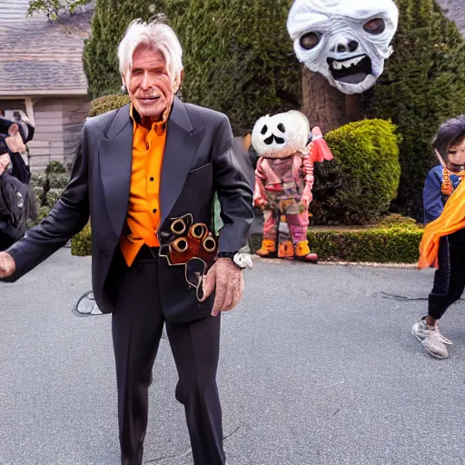 Image similar to harrison ford trick or treating on halloween, ( sony a 7 r iv, symmetric balance, polarizing filter, photolab, lightroom, 4 k, dolby vision, photography awardm, voque, perfect face )