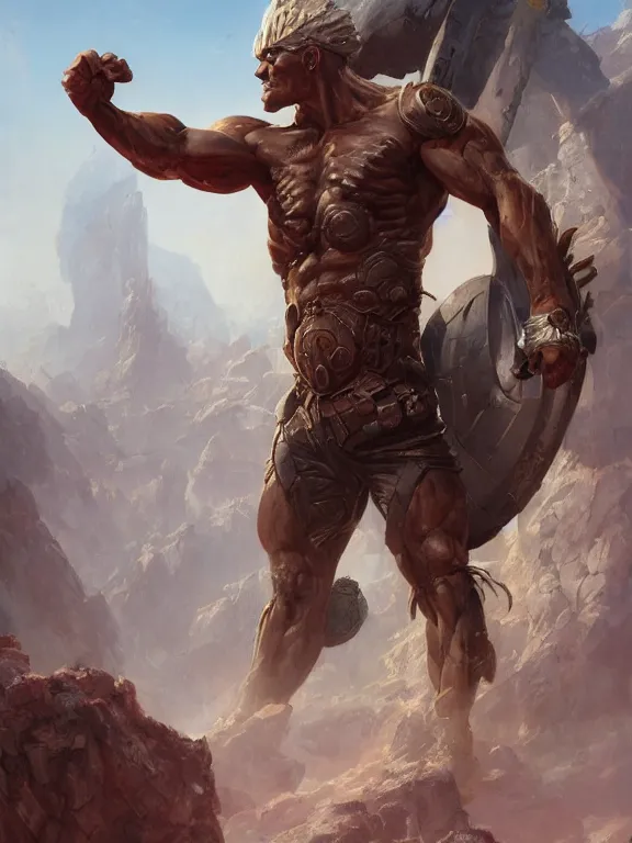 Prompt: a muscular warrior in a futuristic landsacpe. art by denys tsiperko and greg rutkowski and boris vallejo. detailed, hyperrealism, machismo, 8 k resolution