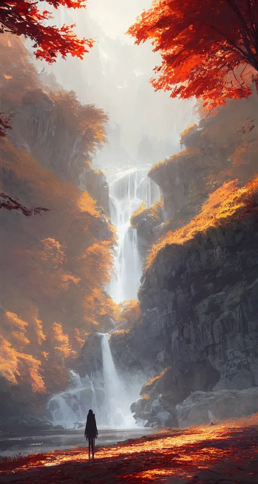 Image similar to falls in the autumn, concept art, artstation, makoto shinkai, digital art, greg rutkowski