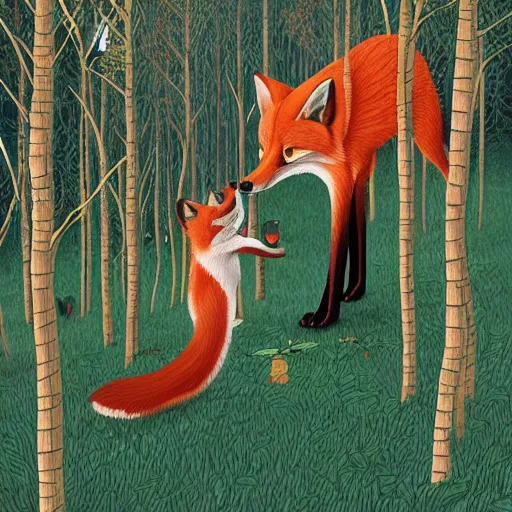 Image similar to a red fox and a ginger teen girl at dark forest where trees are huge, ultra realistic by ori toor and escher