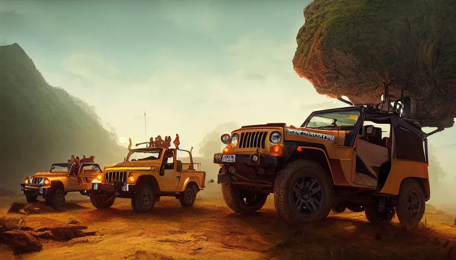 Image similar to Mahindra thar, tribe members watching nearby, an epic fantasy, dramatic lighting, cinematic, establishing shot, extremely high detail, photorealistic, cinematic lighting, artstation, by simon stalenhag, shadow of the tomb rider