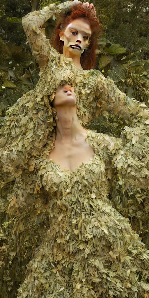 Prompt: dress made of leaves, masterpiece by Edgar Maxence and Ross Tran and Michael Whelan, gustav dore, carravaggion, realistic fantasy, establishing shot, 8k, octane render, moonbeams