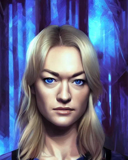 Image similar to yvonne strahovski, full shot, very anime, ambient lighting, perfect composition, dynamic lighting, detailed face, very extremely detailed blue eyes, smooth shading, digital art