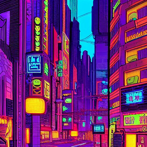 Prompt: neon cyberpunk city street in the style of Jean Giraud, Moebius