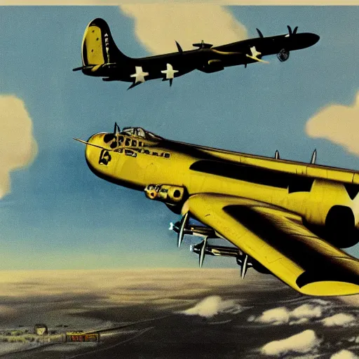 Prompt: yellow and black painted b 2 9 bomber dropping bombs, ww 2 propaganda poster, highly detailed, no text