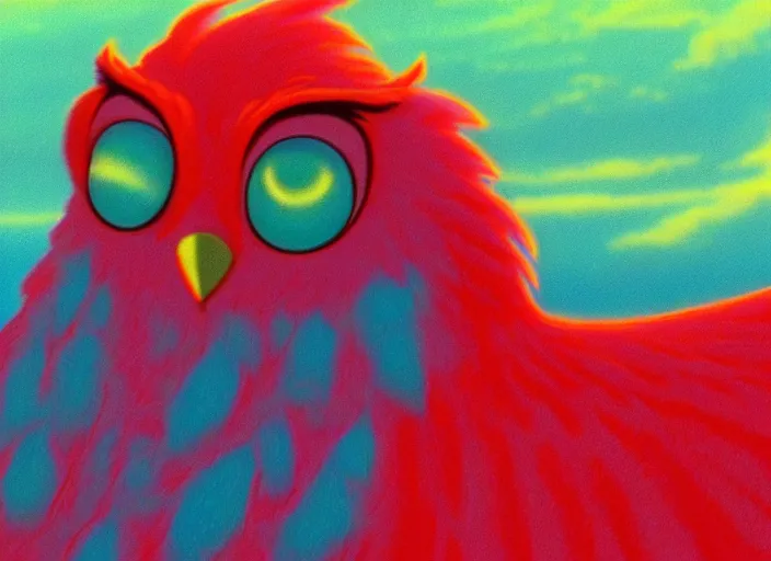 Prompt: fluorescent soft pleasing - palette friendly colossal gentle monster friendly giant mystical spirit owl of the wind, eyes, character portrait, close - up, pleasing palette, undulating nebulous sunset clouds, adorable, friendly, dyllic cumulonimbus still from fantasia pastel from fantasia ( 1 9 4 1 )