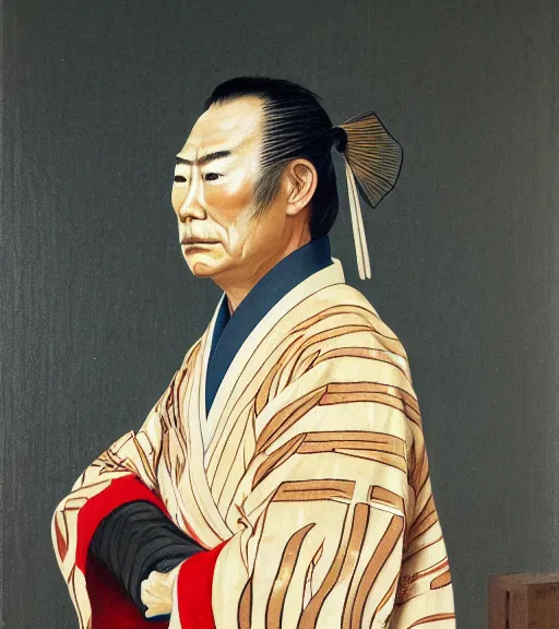 Prompt: official side portrait of a japanese samurai, donald trump, in an american kimono, 1 8 6 8, a character portrait by cassius marcellus coolidge, reddit contest winner, japanese romantacism, romanticism, oil on canvas, detailed painting, creative commons attribution