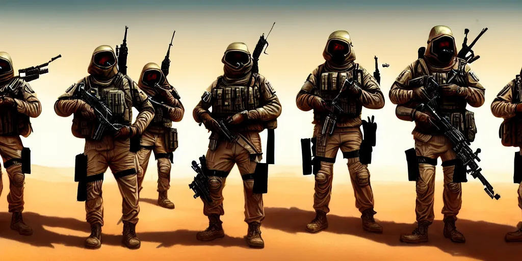 Image similar to highly detailed image of a tactical squad of hamsters dressed in tactical gear holding rifles, in a desert, stephen bliss, unreal engine, fantasy art by greg rutkowski, global illumination, detailed and intricate environment