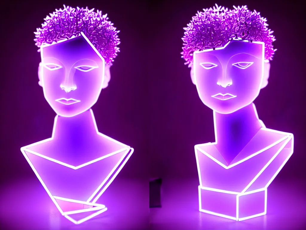 Image similar to beautiful mannequin sculpted out of amethyst by billelis + lit with purple 3 d geometric neon + chrome geometric cubed bonsai plants!!!!, doorway opening with neon pink geometric light, clean linework, dramatic, finely detailed, rule of thirds, moody, confident, award winning, 4 k, trending on artstation, photorealistic, volumetric lighting, octane render