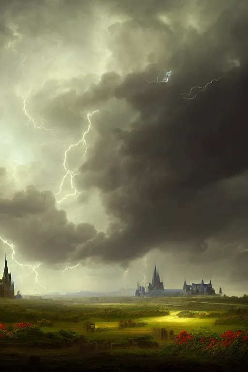 Image similar to a beautiful digital illustration painting of a detailed gothic fantasy endless plains with castle in the distance and thunder storm, by benoit b. mandelbrot, steven belledin, martin johnson heade, lee madgwick, caspar david friedrich, and david rios ferreira. 8 k resolution trending on artstation concept art digital illustration