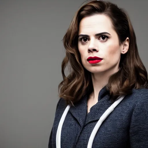 Image similar to a beautiful full body photograph of hayley atwell dressed as doctor who, symmetrical face, extreme realism and detail, 8 k, completely framed, direct lighting, 3 5 mm photo, photorealistic, sharp focus