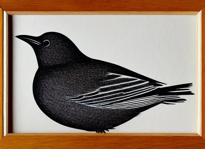 Image similar to a beautiful Wood engraving on paper of a Blackbird, framed with a white border