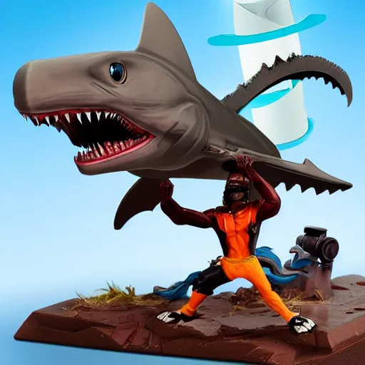 Image similar to raptor riding shark and holding a rocket launcher, highly detailed