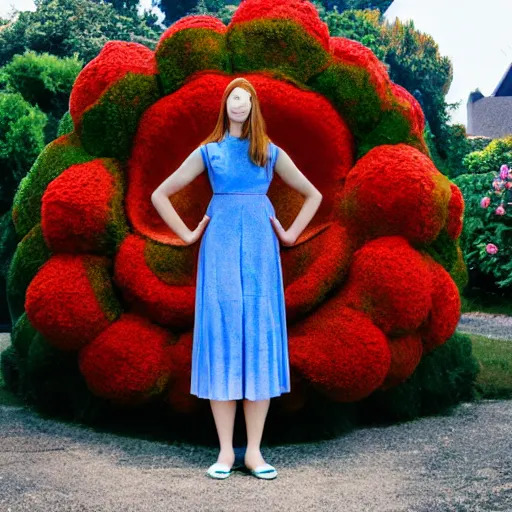 Prompt: giant flower head, full body, girl standing in front of house, surreal, symmetry, mid century, bright colours, blue sky, realistic, wes anderson