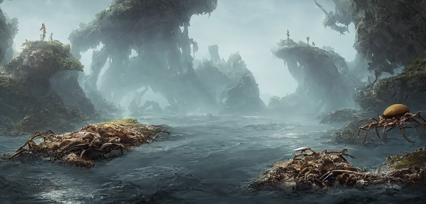 Image similar to beautiful island inhabited by a single spider crab, sinister underworld, Greg Rutkowski, high quality digital art