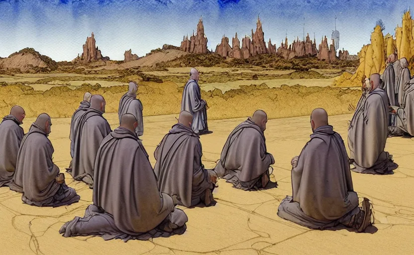 Prompt: a hyperrealist watercolour concept art of a group of medieval monks in grey robes kneeling in prayer on a desert road. a large steampunk ufo is above them in the sky. by rebecca guay, michael kaluta, charles vess and jean moebius giraud. high detail, hq, wide shot