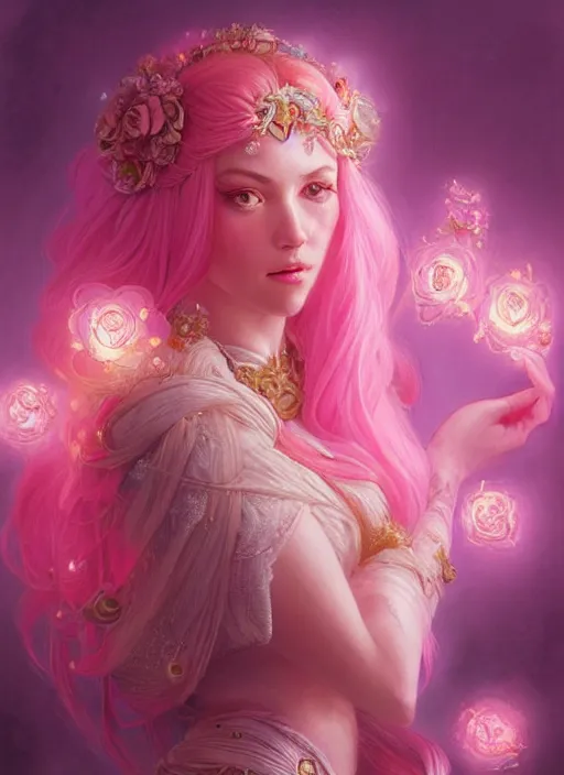 Image similar to pink hair goddess, fantasy, glowing lights!! intricate, soft rose and dried petals, d & d, fantasy, intricate, elegant, highly detailed, digital painting, artstation, concept art, matte, sharp focus, illustration, hearthstone, art by artgerm and greg rutkowski and alphonse mucha